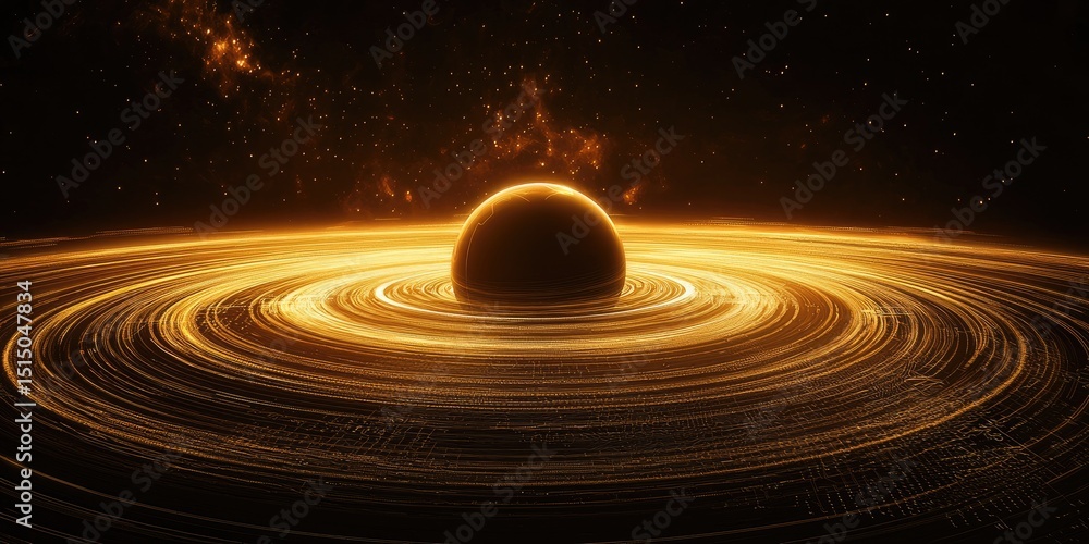 Leinwandbilder High-tech, artificial planet surrounded by ethereal rings of light, with energy grids and digital patterns etched on its surface.
