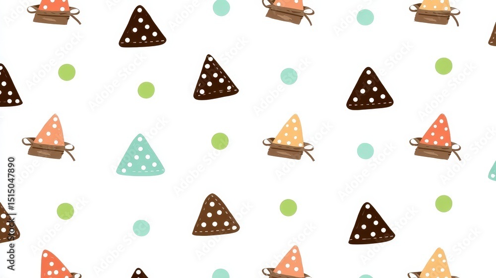 Poster colorful triangular shapes with polka dots and circles on a white background