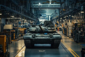 Heavy army tank parked in factory surrounded by industrial equipment. Use to illustrate defense, manufacturing, or national security concepts.