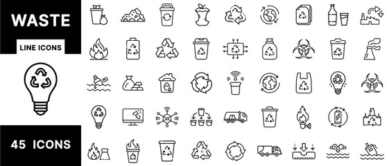 Waste Line Icons Set Featuring Recycling, Garbage, E-Waste, Landfill, Biohazard, Compost, Trash Bins, Eco-Cycle, Burning Waste, and Environmental Disposal Symbols
