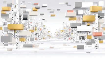 Abstract Winter Landscape with Floating Geometric Shapes in a Birch Tree Forest Scene