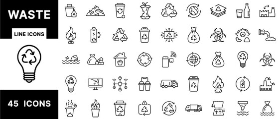 Waste Line Icons Set Featuring Recycling, Garbage, E-Waste, Landfill, Biohazard, Compost, Trash Bins, Eco-Cycle, Burning Waste, and Environmental Disposal Symbols