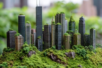 Fototapeta premium Miniature cityscape covered in green vegetation, showcasing an eco-friendly design. It can illustrate urban sustainability, green architecture, or environmental awareness.