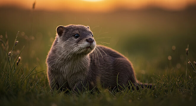 Otter sitting on grass at sunset in a natural environment  