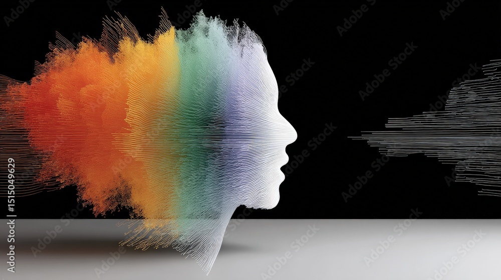 Poster abstract representation of a human face with colorful smoke elements on a dark background