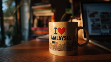 Ceramic mug with “I love Malaysia” print on wooden desk in cozy morning light perfect for August 31 Independence Day Malaysia promotions, lifestyle visuals and patriotic gifts