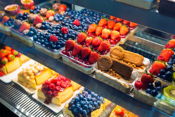 Homemade cakes such as strawberry cake, blueberry cake, in the refrigerator in the coffee shop