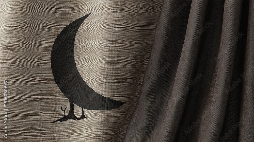 Poster abstract representation of a crescent moon and tree silhouette on textured background fabric
