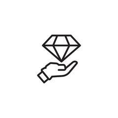 An outline icon depicting an open hand underneath a diamond, symbolizing value, quality, premium service, or offering something precious.