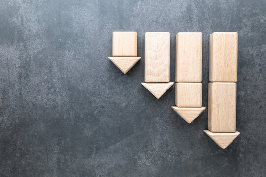 Several wooden toys are arranged in a downward pointing graph shape, business and economy in downturn, cost or expense reduction