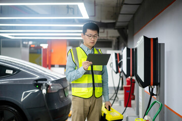 asian Male engineer working with digital tablet in charging station