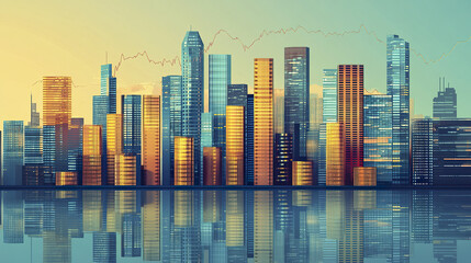 vibrant cityscape illustration showcasing business success with reflective buildings and skyline