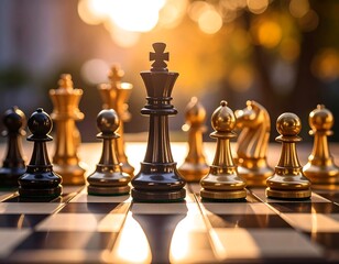 Chess pieces on board, sunlit