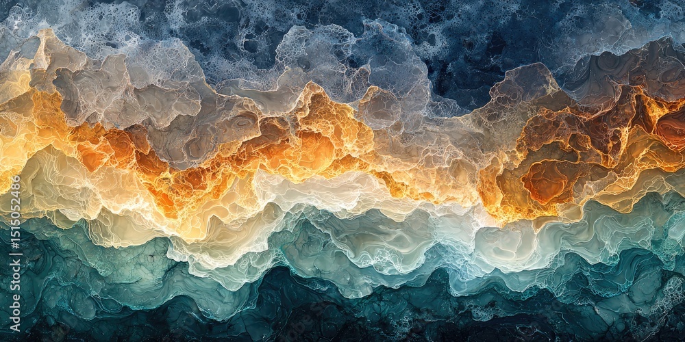 Poster an abstract visual with resin art that highlights the flowing and reflective qualities of the materi