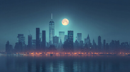 Fototapeta premium stunning city skyline silhouette at dusk, illuminated by bright full moon reflecting on water