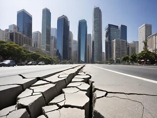 Cracked asphalt road after earthquake in city, with skyscrapers in the distance showing urban damage and natural disaster impact.