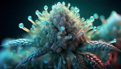 dense cluster of tiny droplets on cannabis bud surface microscopic trichomes
