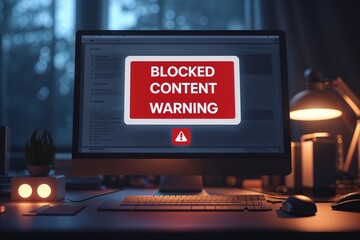 Blocked content warning, red and white, on computer screen against a dark desk
