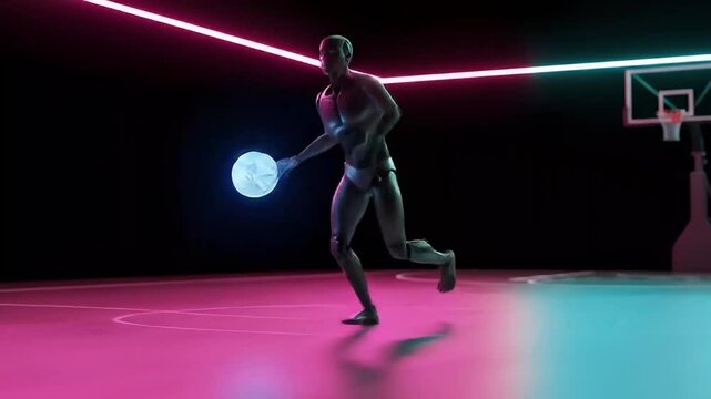 Humanoid robot dribbling glowing ball on sci-fi court