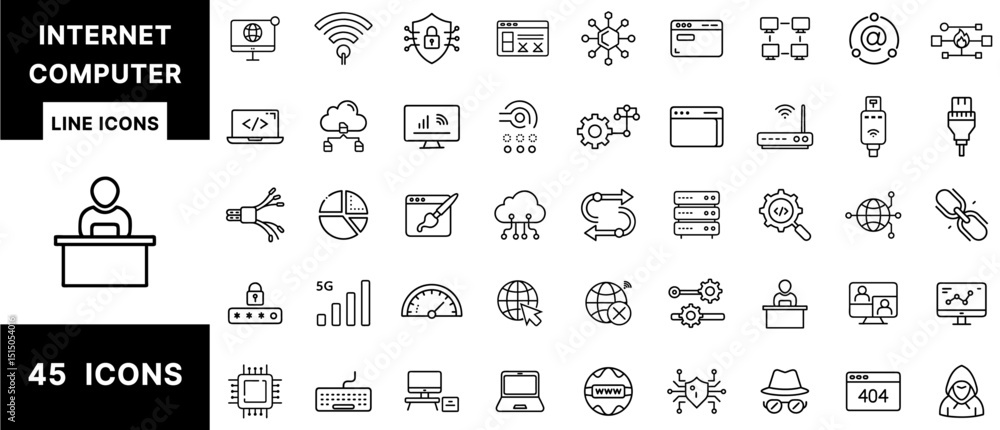 Poster Internet Computer Line Icons Set Featuring Networking, Coding, Cybersecurity, Cloud Computing, Web Design, Routers, Data Servers, and Digital Interface Elements