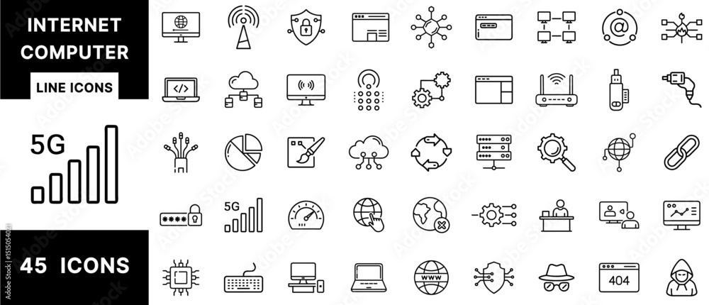 Aufkleber Internet Computer Line Icons Set Featuring Networking, Coding, Cybersecurity, Cloud Computing, Web Design, Routers, Data Servers, and Digital Interface Elements