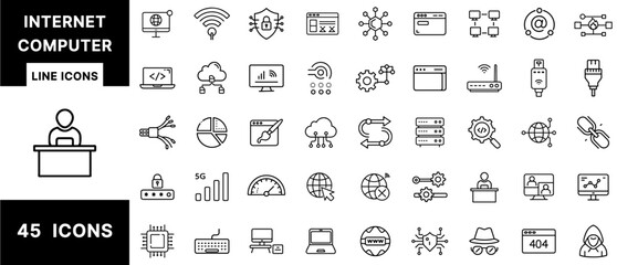 Internet Computer Line Icons Set Featuring Networking, Coding, Cybersecurity, Cloud Computing, Web Design, Routers, Data Servers, and Digital Interface Elements