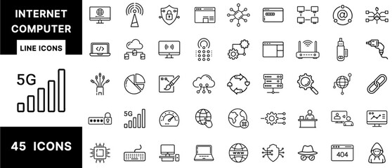 Internet Computer Line Icons Set Featuring Networking, Coding, Cybersecurity, Cloud Computing, Web Design, Routers, Data Servers, and Digital Interface Elements