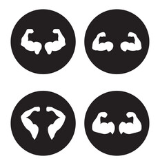 Muscle icon. Bicep symbol. Strong arm vector illustration. Gym logo. Bodybuilding fitness concept. Athlete flexing hand sign. Muscular power pictogram isolated on a white and black background.