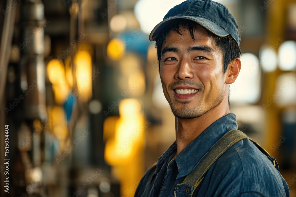 Aufkleber smiling worker in blue overalls and a cap stands in a factory setting. use this image to represent s
