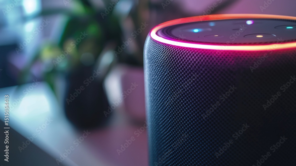Poster a close-up view of a smart speaker with a lit led ring that activates in response to voice commands,