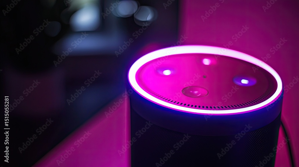 Poster a close-up view of a smart speaker with a lit led ring that activates in response to voice commands,