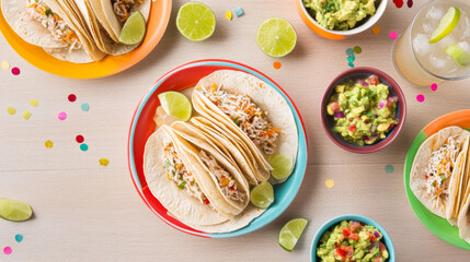 Cinco de Mayo tacos presented with traditional Mexican garnishes, background