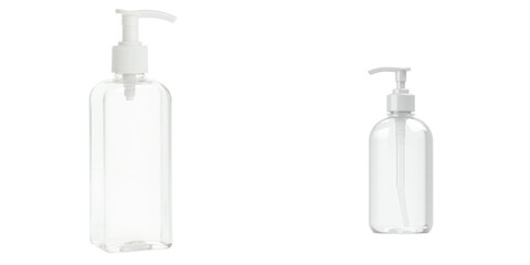 Clear Plastic Pump Bottles Set with Different Sizes and White Pump Tops on transparent Background for Skincare or Cosmetic Use