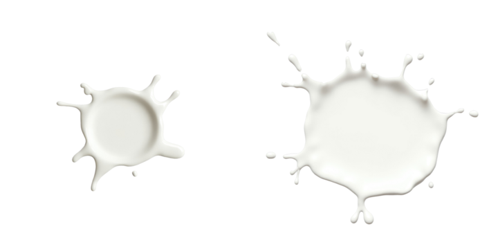 Dynamic milk splash images showcasing two distinct shapes, one small and round on the left and a larger, irregular splash on the right, set against a solid transparent background.