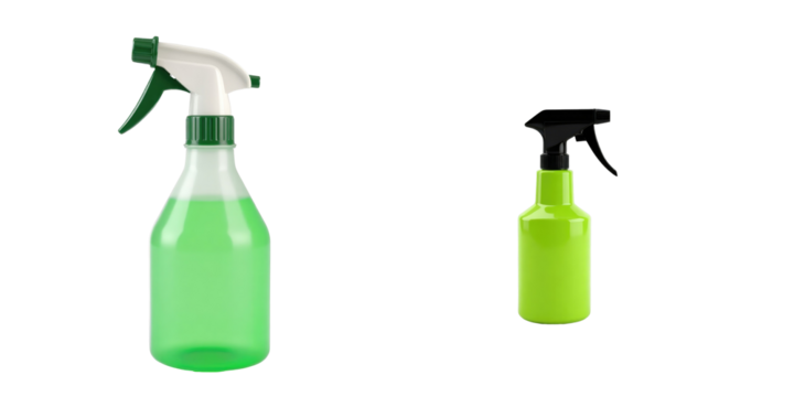 Set of two distinct green spray bottles featuring varying designs; one is a larger bottle with a trigger sprayer and the other is a compact, sleek spray bottle, both against a transparent backdrop.