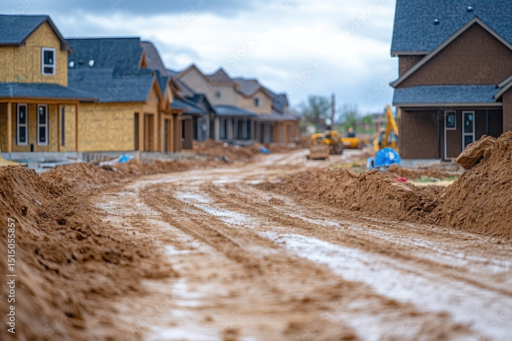 Poster new homes are being built in a residential area on a cloudy day. it is useful to visualize progress,