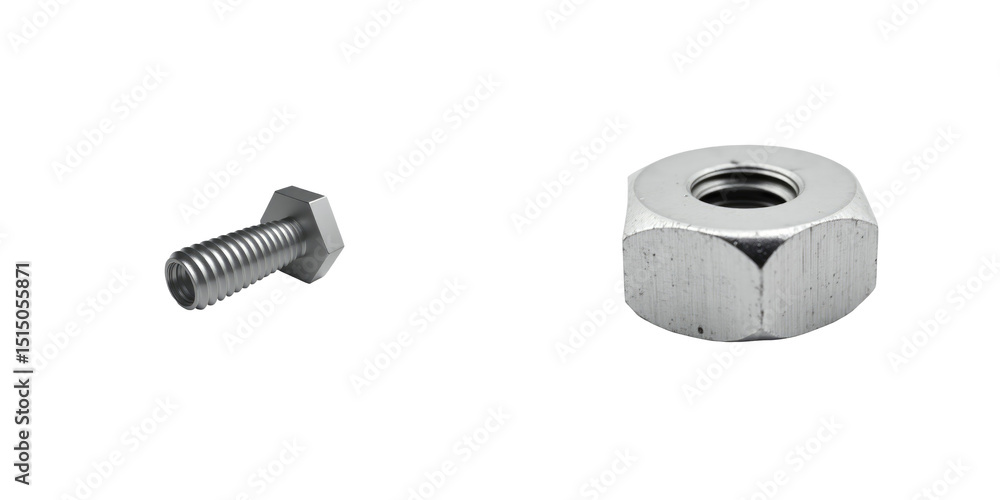 Poster detailed view of a metallic hex bolt on the left and a matching hex nut on the right, both showcased