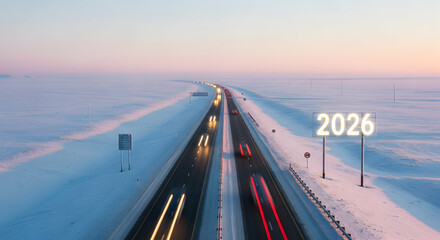 2026 Aerial View of a Snowy Highway at Sunset New Years Road Trip Concept