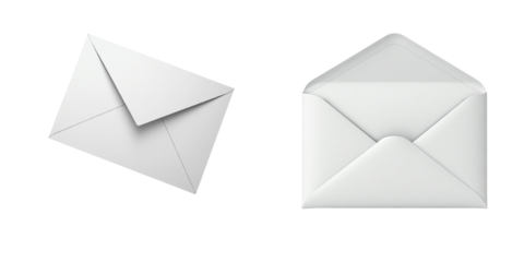 Two white envelopes on a transparent background, showcasing a standard envelope on the left with pointed flap and a slightly larger envelope on the right with a rounded flap, emphasizing their shapes.