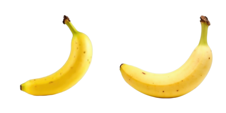 Two ripe yellow bananas displayed against a transparent background, showcasing their curved shapes and speckled skin for a vibrant and fresh appearance.