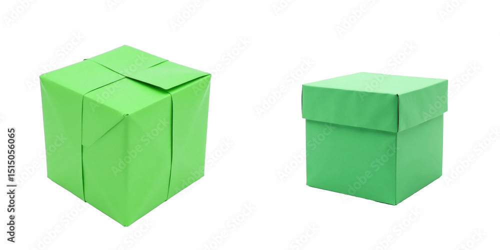Aufkleber vibrant green gift boxes with classic design one with tapered edges and one with flat lid against a 
