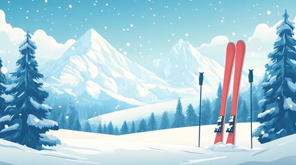 A serene winter escape awaiting snowy adventures with skis and poles framed against majestic mountains in a gentle