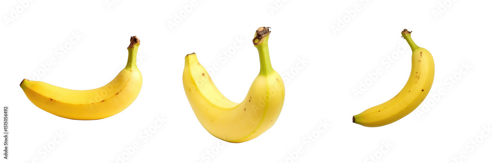 Poster collection of three vibrant yellow bananas displayed against a transparent background, showcasing th