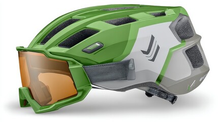 Naklejka premium Stylish Green Cycling Helmet with Integrated Sunglasses and Aerodynamic Design