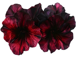Close-up of vibrant dark red and black petunias with ruffled petals, detailed floral composition, isolated on a white background for decorative and botanical use