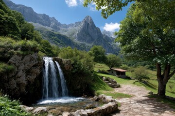 Obraz premium Scenic landscape featuring a waterfall stone house mountains and lush greenery under a partially cloudy sky