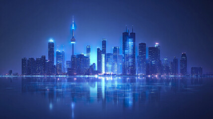 Fototapeta premium Futuristic city skyline with glowing lights reflecting on water, creating serene atmosphere