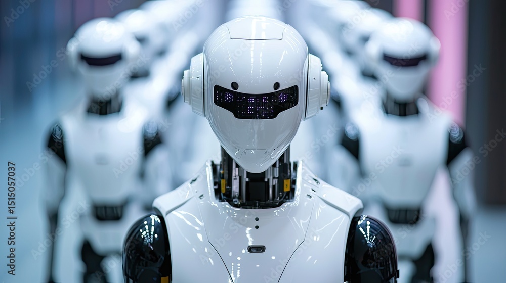 Leinwandbilder A detailed perspective presents a robotic control system, where a centralized interface oversees multiple autonomous robots working in sync.