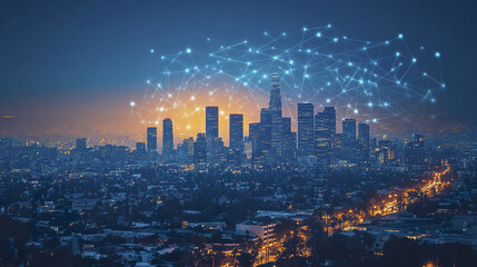 Obraz premium Futuristic city skyline with glowing digital lines and network connections at dusk
