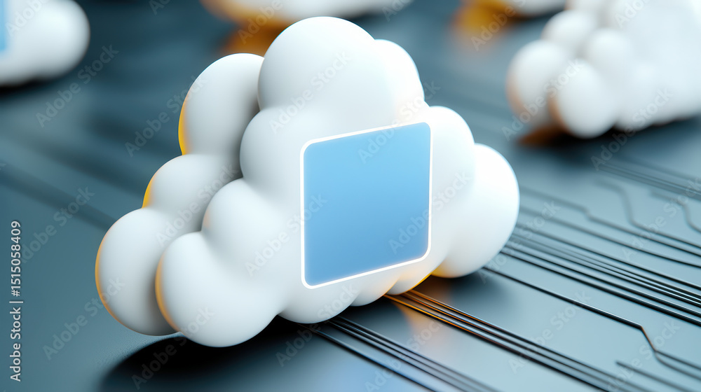 Poster cloud storage technology icon with blue highlight 3d render of a cloud computing icon with blue pane